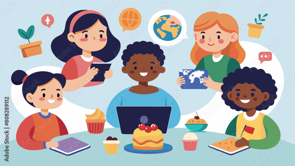 In the virtual study group kids from different countries take turns sharing their traditional snacks and learning about each others unique cultures. Vector illustration