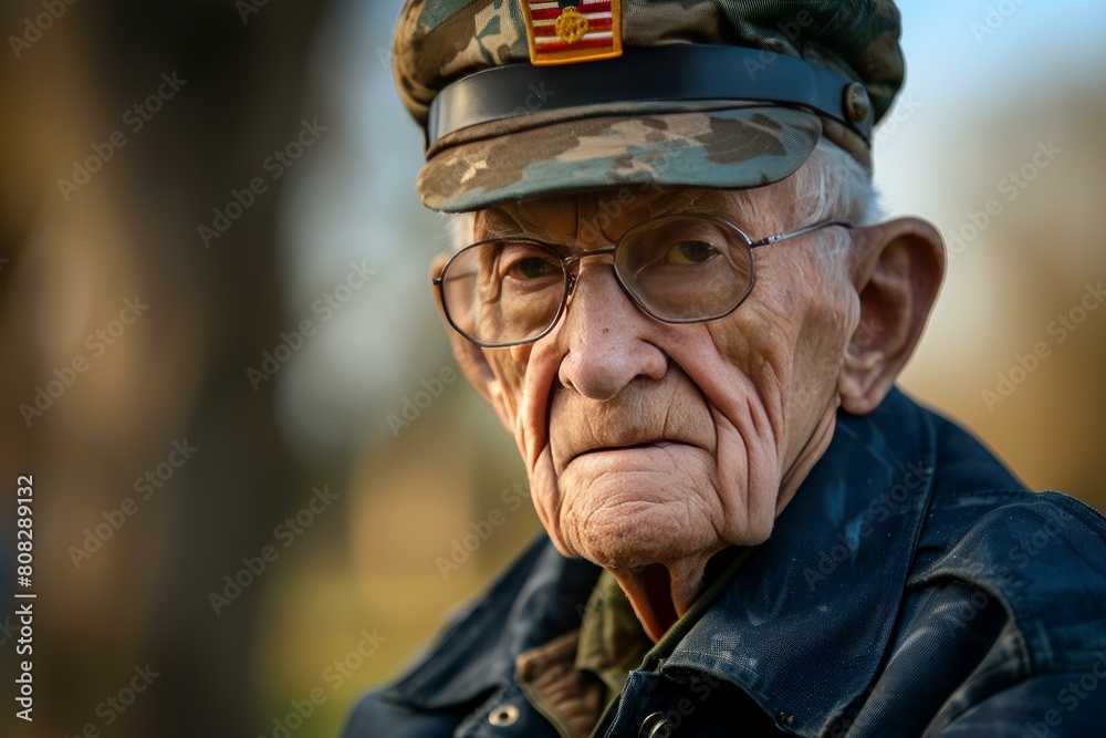 Close-up of an elderly man with a serious expression, wearing a camouflage military cap Close-up of an elderly man with a serious expression, wearing a camouflage military cap