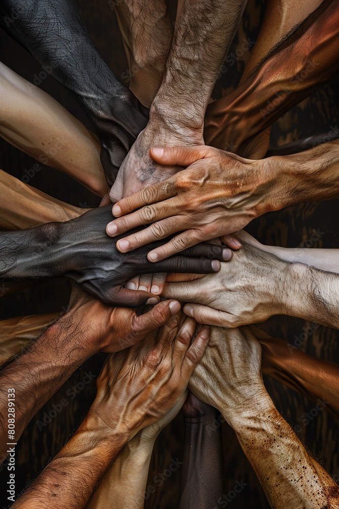 A group of diverse hands of different skin tones are shown coming together in unity.