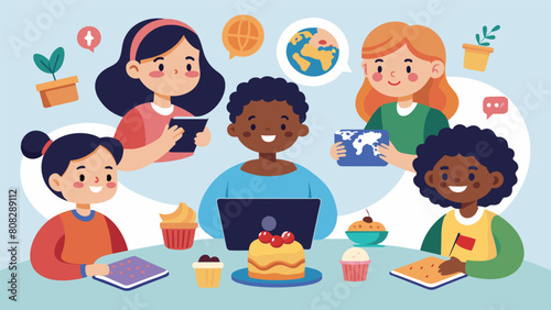 In the virtual study group kids from different countries take turns sharing their traditional snacks and learning about each others unique cultures. Vector illustration