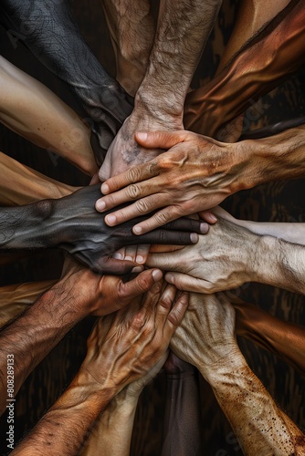 A group of diverse hands of different skin tones are shown coming together in unity.