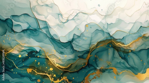 abstract watercolor art, waves of color in teal and gold, fluid shapes on white background photo