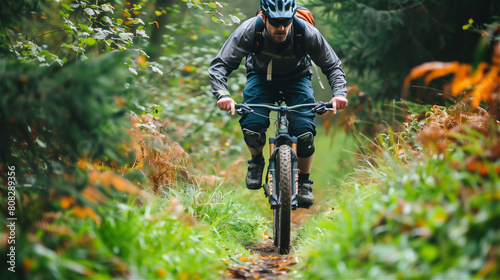Obraz na płótnie MTB rider rides fast on a mountain single track. w salonie
