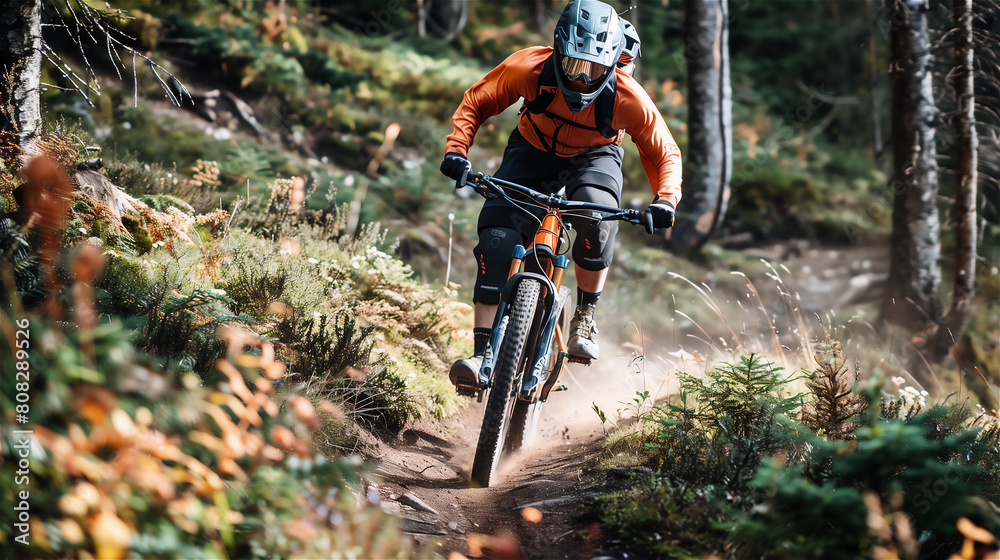 MTB rider rides fast on a mountain single track.