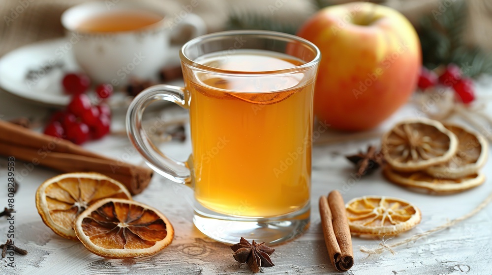   A glass of apple cider sits beside cinnamon sticks, cinnamon, and apples on the table