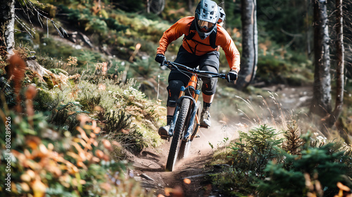 Obraz na płótnie MTB rider rides fast on a mountain single track. w salonie