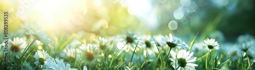 Beautiful spring meadow with white daisies flowers and green grass with blurred sunshine bokeh background