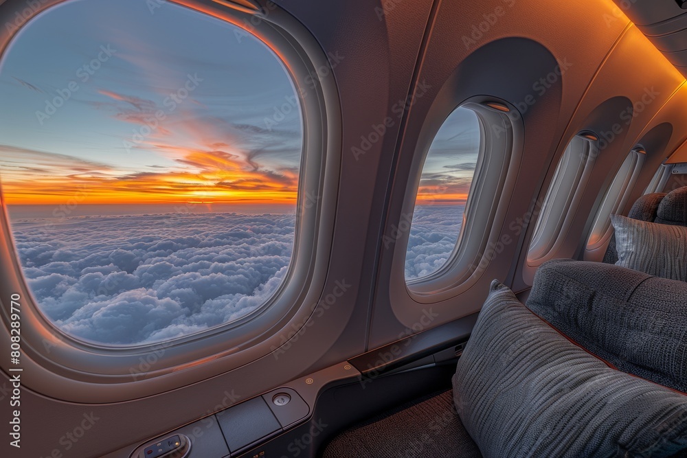 custom made wallpaper toronto digitalA calming scene with a soft sunset illuminating the clouds, as seen through multiple viewing windows of an aircraft