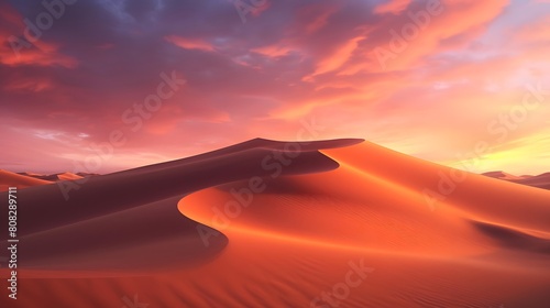 Desert sand dunes panorama at sunset. 3d render