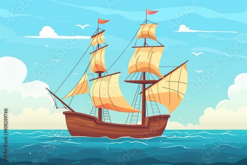 cartoon wooden ship with billowing sails sailing on the ocean, blue sky background
