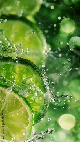 Closeup of lime slices in sparkling water  with droplets and splashes