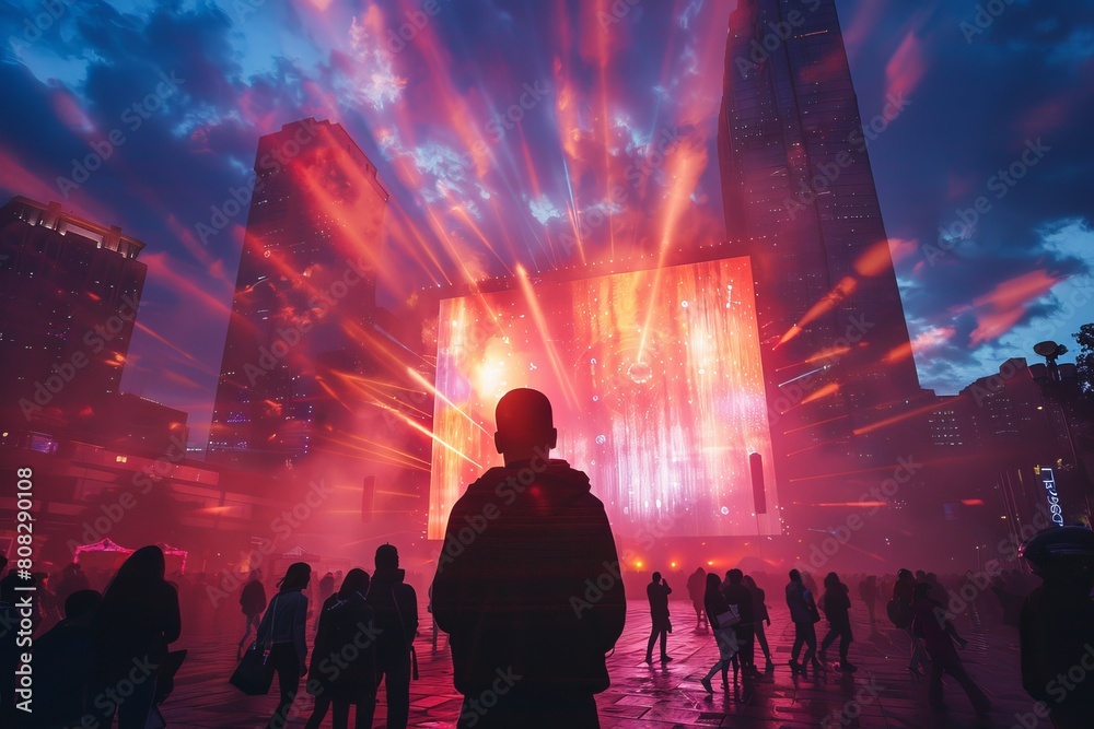 An outdoor urban setting is transformed as pedestrians are captivated by a concert projection amidst towering skyscrapers