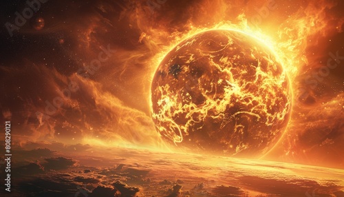 The image shows a large, fiery planet with a stormy atmosphere. The planet is surrounded by a sea of lava. photo