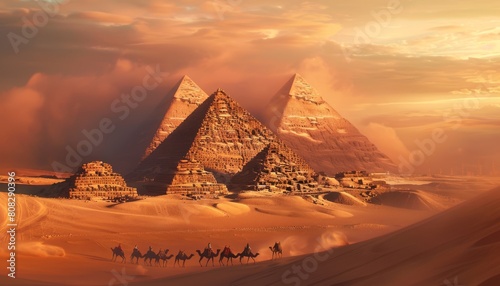 Realistic shot of the pyramids in Egypt with camels and sand dunes 