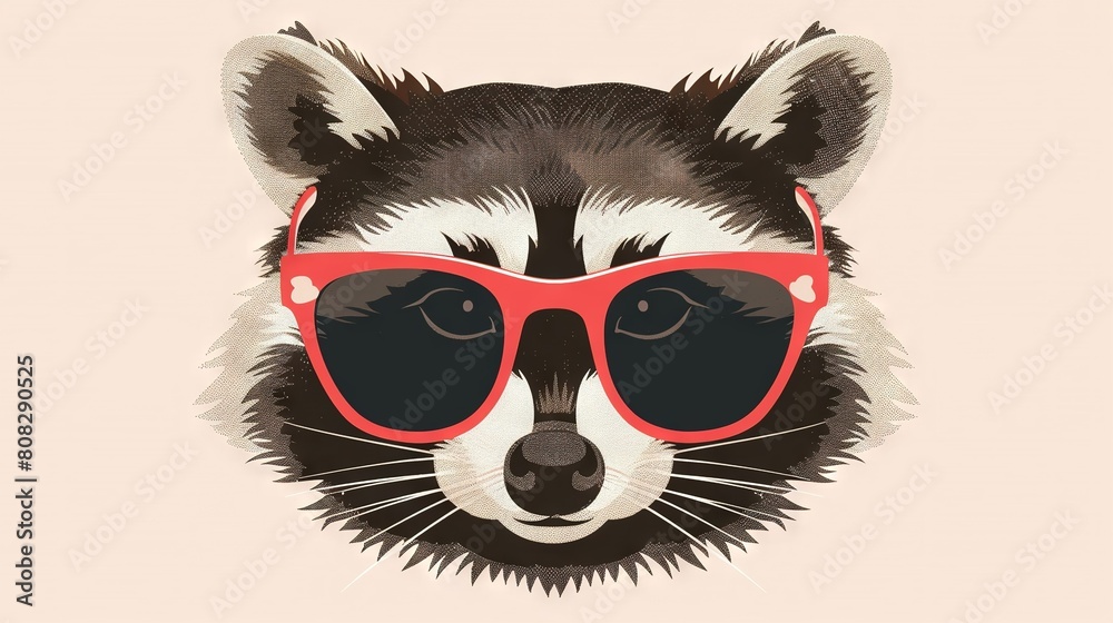 A raccoon wearing red sunglasses on its head against a pink backdrop A raccoon wearing red sunglasses on its head against a pink backdrop