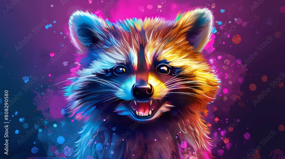Colorful painting of a raccoon with mouth open and wide eyes on purple background Colorful painting of a raccoon with mouth open and wide eyes on purple background