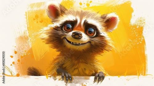   A raccoon painting with large eyes and a grin  set against a bright yellow backdrop