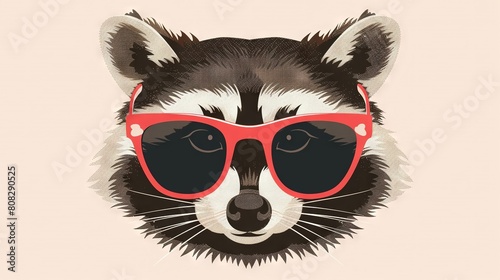  A raccoon wearing red sunglasses on its head against a pink backdrop