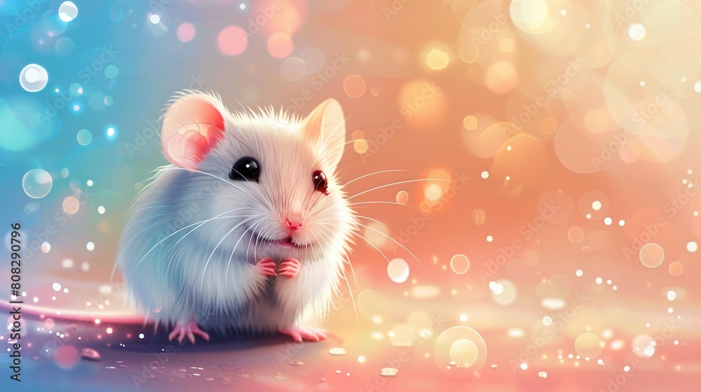 A white mouse is perched on a table with a blue and pink background and a blurry backdrop A white mouse is perched on a table with a blue and pink background and a blurry backdrop