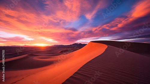 Dramatic sunset over the dunes of the Sahara desert  Morocco