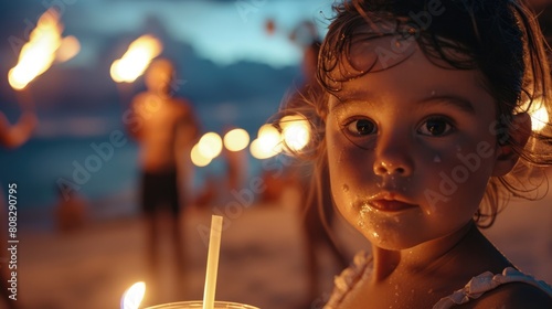 A little girl is holding a lit candle on the beach, under the starry sky during a happy event. The scene is reminiscent of fun travels and classic cocktails like aguas frescas in a martini glass AIG50 © Summit Art Creations