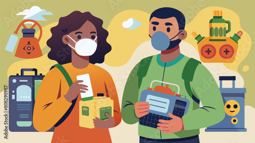 A couple attending a survivalist expo where they purchase essential items like gas masks handcrank radios and solarpowered generators in anticipation.