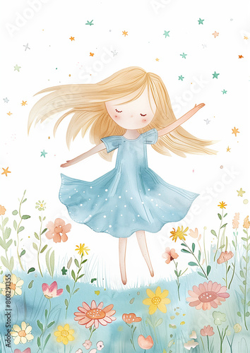Watercolor Illustrations: Girl Floating in Blossoming Fields, kids card