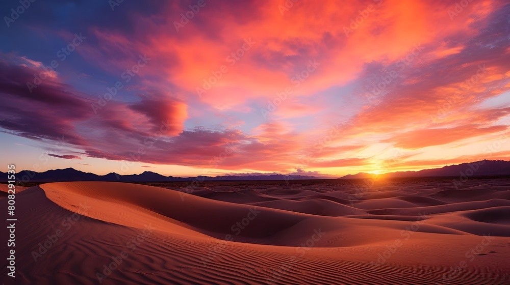 Panoramic view of sand dunes in Death Valley National Park at sunset
