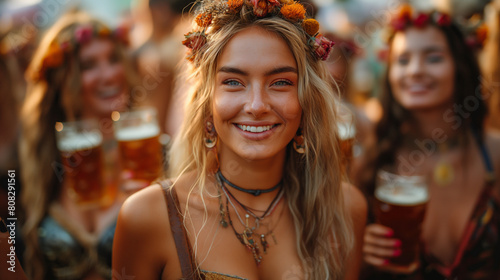 A visually elaborate image showcasing a beer-themed costume contest on International Beer Day  with participants dressed as brewers  beer maids  and iconic beer characters  creatin