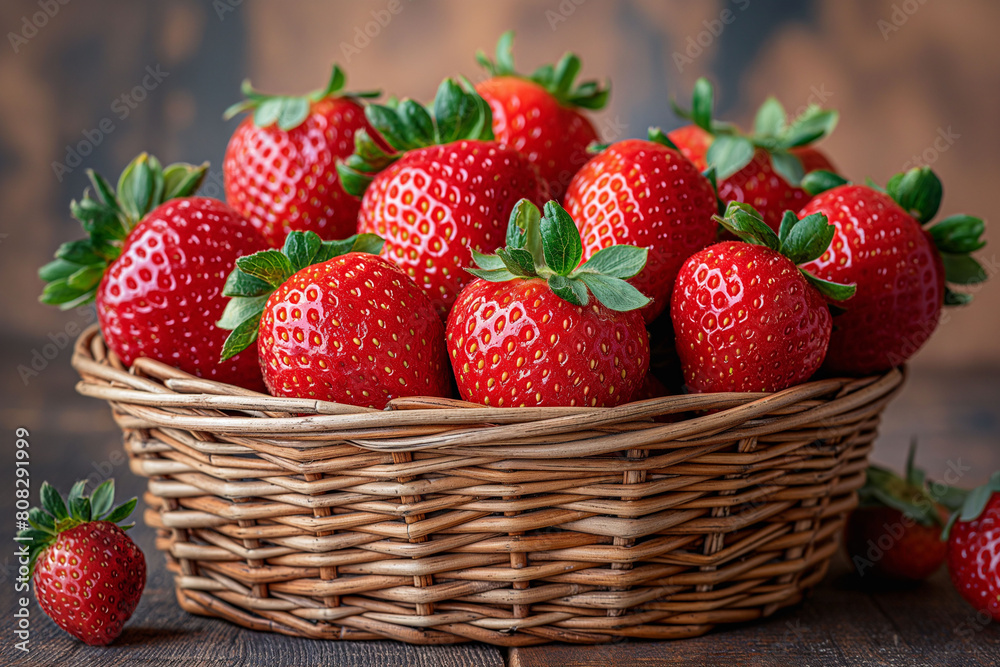 Bright red strawberries in a wicker basket, on a rustic wooden surface in a cozy rustic place. Fresh harvest and healthy eating and organic farming Bright red strawberries in a wicker basket, on a rustic wooden surface in a cozy rustic place. Fresh harvest and healthy eating and organic farming
