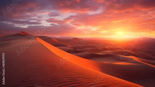 Sunset in the desert. Sunrise over sand dunes. Panorama © A