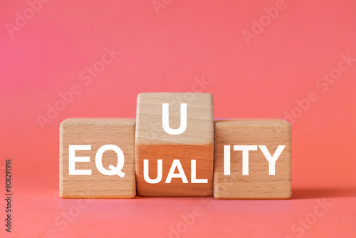 equality and equity concept. Human rights, equal opportunities and appropriate needs. Changing word on wooden block, Equality or equity symbol. Beautiful pastel pink background, copy space