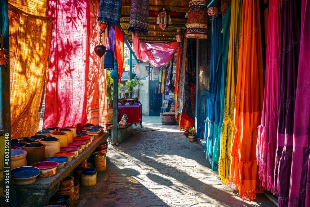 Fototapeta premium The vibrant colors of a Moroccan bazaar, Vibrant market stalls adorned with exotic fruits, textiles and crafts, Ai generated