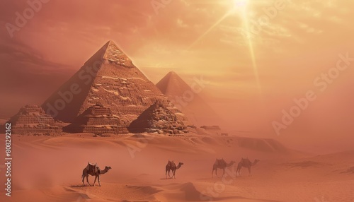 Realistic shot of the pyramids in Egypt with camels and sand dunes 