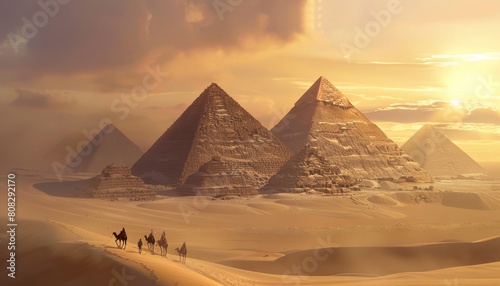 Realistic shot of the pyramids in Egypt with camels and sand dunes 