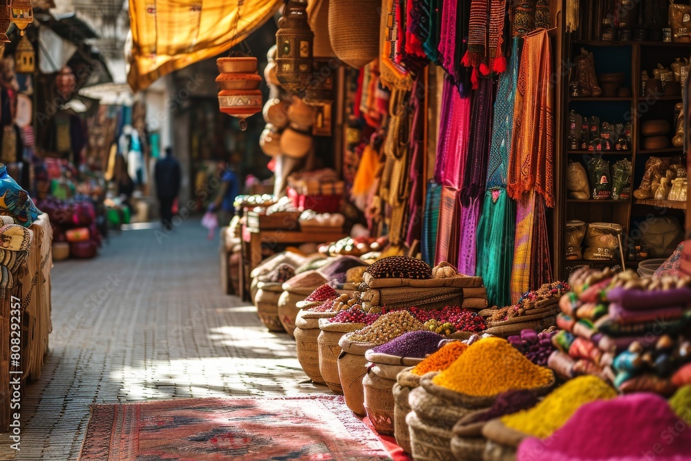 The vibrant colors of a Moroccan bazaar, Vibrant market stalls adorned with exotic fruits, textiles and crafts, Ai generated