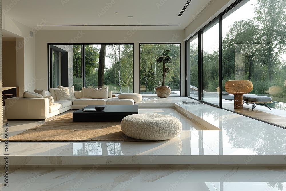 Fototapeta premium Expansive modern living room combining luxury and simplicity with nature view through floor-to-ceiling windows Tranquility and space