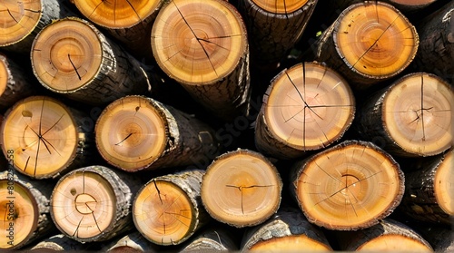 Trunks of different tree species stacked for storage. Stacked wood logs background details. Firewood texture. Pile of dry chopped fire wood background.  Stacked Wood Logs Background 