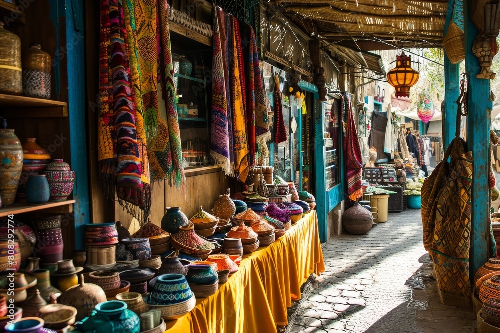 The vibrant colors of a Moroccan bazaar, Vibrant market stalls adorned with exotic fruits, textiles and crafts, Ai generated