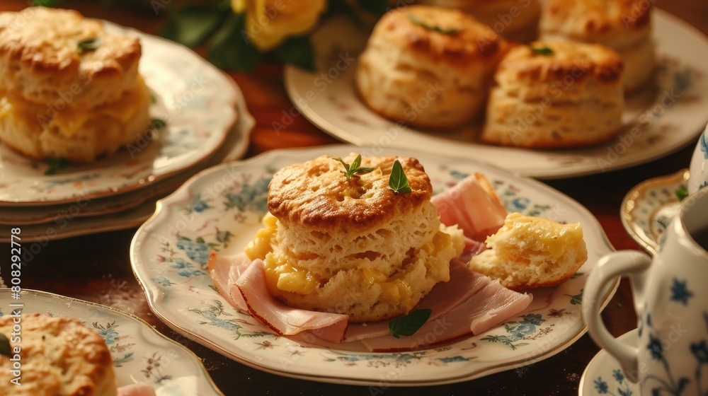 Fresh buttermilk biscuits with country ham on plates Fresh buttermilk biscuits with country ham on plates