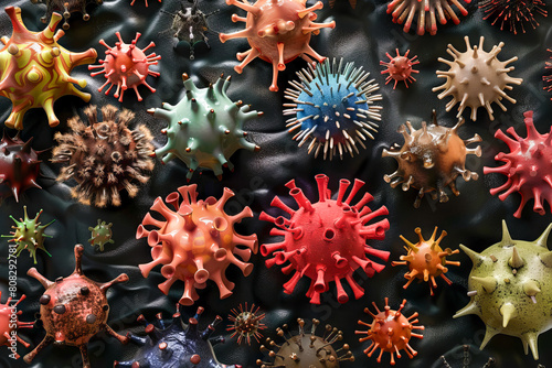 A group of colorful coronaviruses on a black background. photo