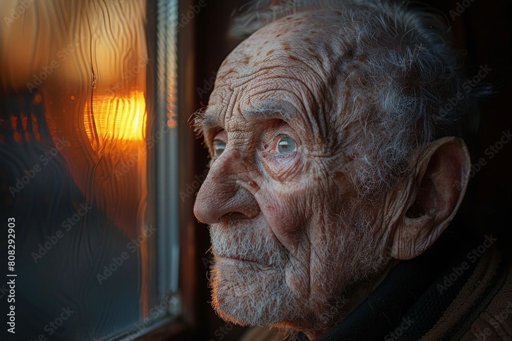 A reflective elderly man gazes out a window, his face illuminated by the serene golden light of sunset, capturing a moment of deep contemplation. A reflective elderly man gazes out a window, his face illuminated by the serene golden light of sunset, capturing a moment of deep contemplation.