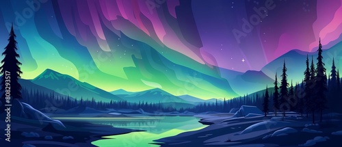 beautiful landscape with a river, mountains and a forest under the night sky with aurora photo