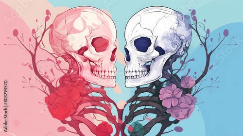 Two skeletons with pink and blue flowers growing around them. photo