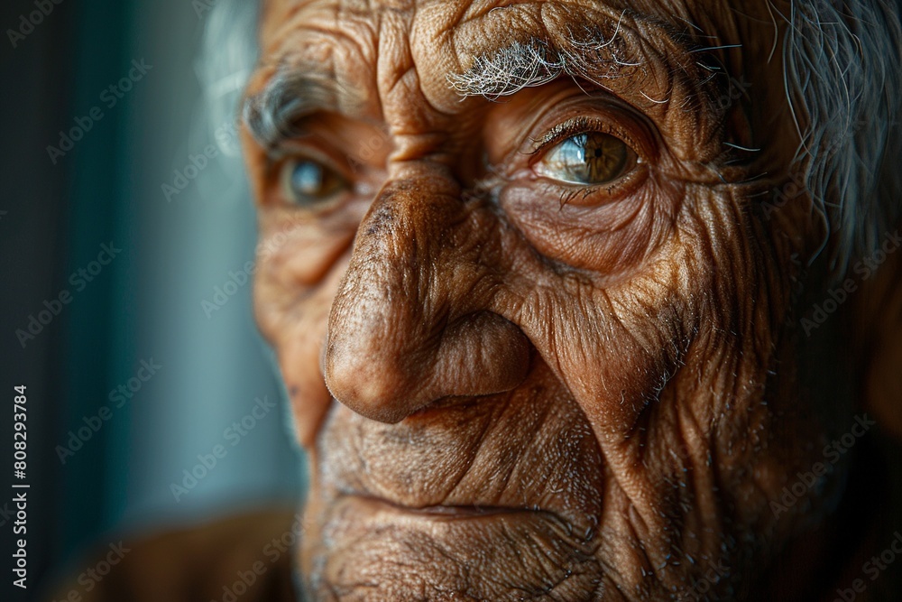 A reflective elderly man gazes out a window, his face illuminated by the serene golden light of sunset, capturing a moment of deep contemplation.