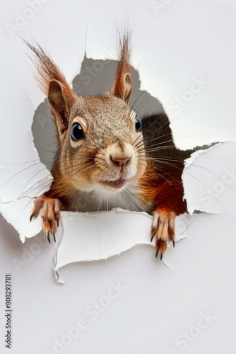 Squirrel peeks through torn white paper, close-up with vivid detail and clear blue eyes, humorous or surprising themes.