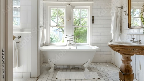 Victorianstyle white bathroom with natural light freestanding tub and pedestal sink. Concept Home Decor, Victorian Style, White Bathroom, Natural Light, Freestanding Tub, Pedestal Sink photo
