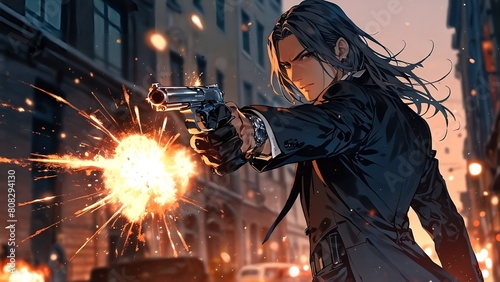 A man with black robe firing his gun. Anime Wallpaper Background  photo