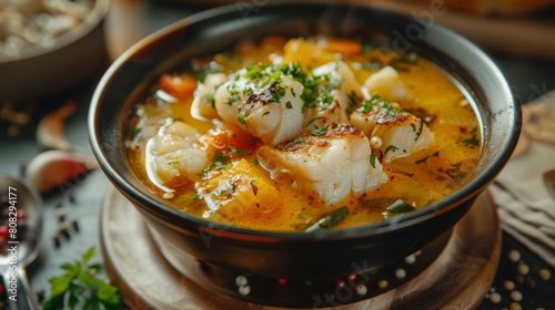Andorran cuisine. Fish soup with vegetables.