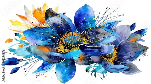   A watercolor depiction of a blue blossom adorned with yellow and orange petals on its petals